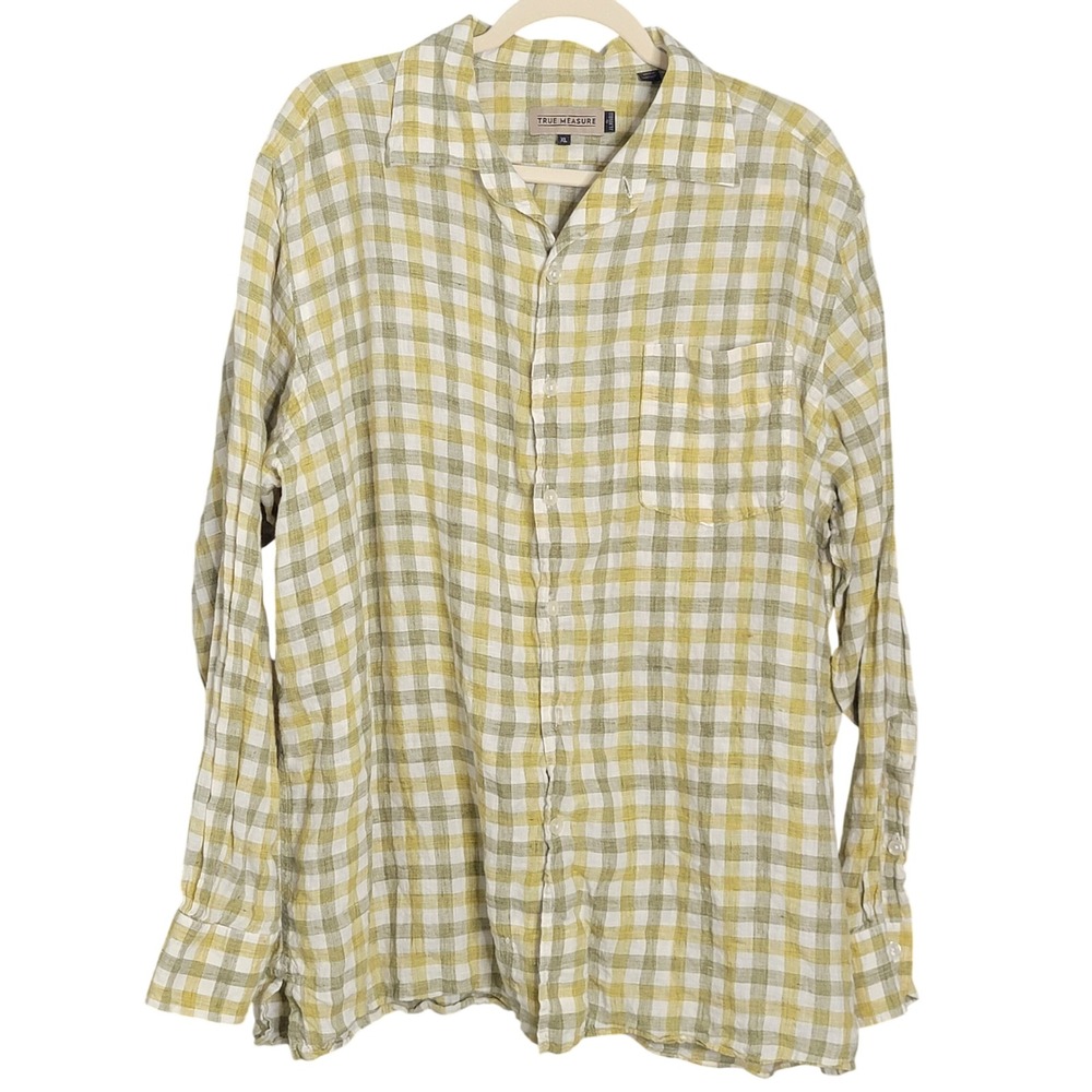 True Measure Button Down Mens XL Green Gingham Linen Long Sleeve Chest Pocket
